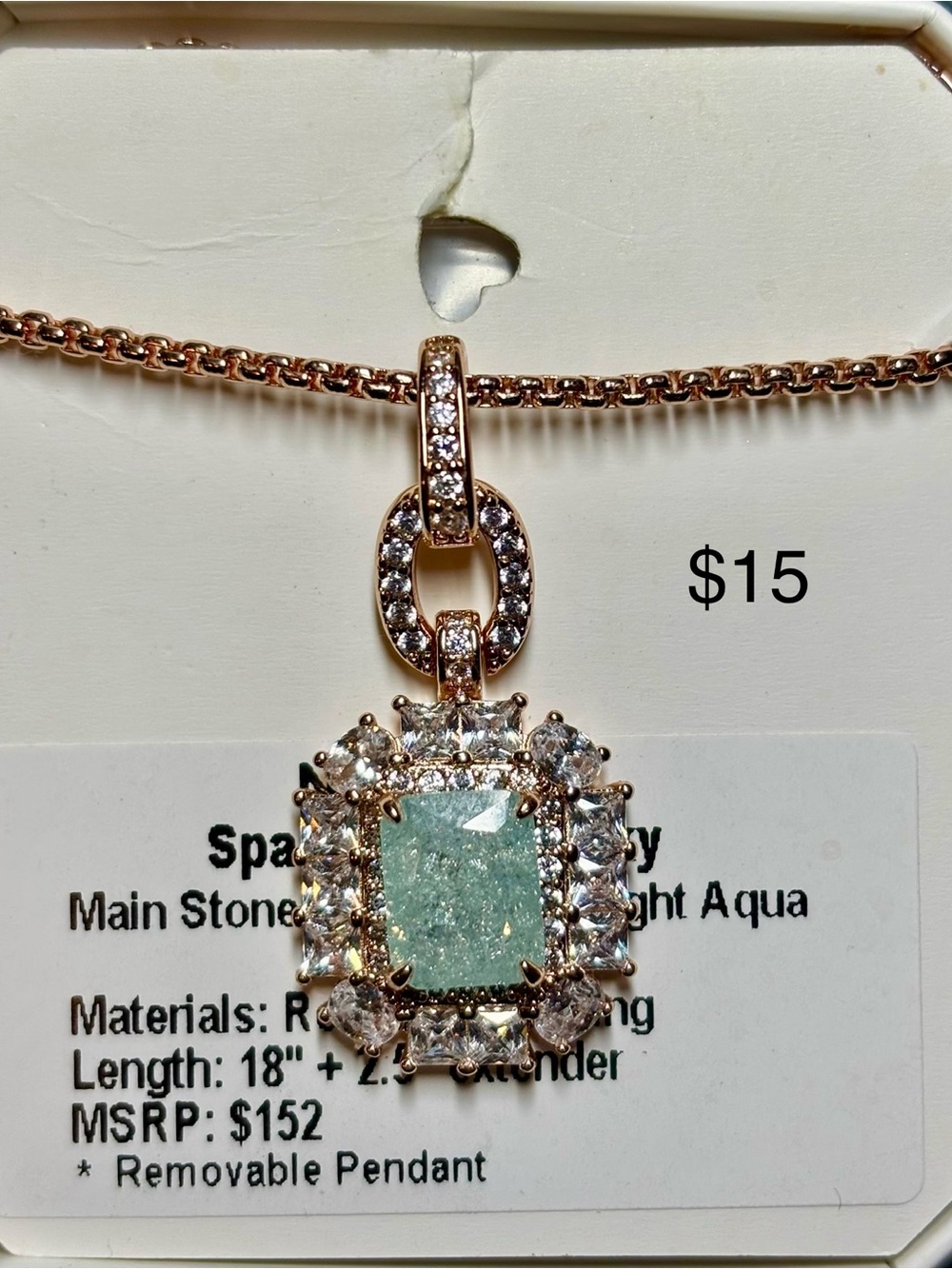 Removable Light Aqua Square Pendant Necklace in Rose Gold Tone